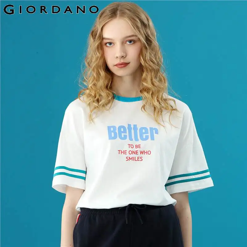 Женская футболка с принтом Giordano свободная со слоганом и коротким рукавом топы