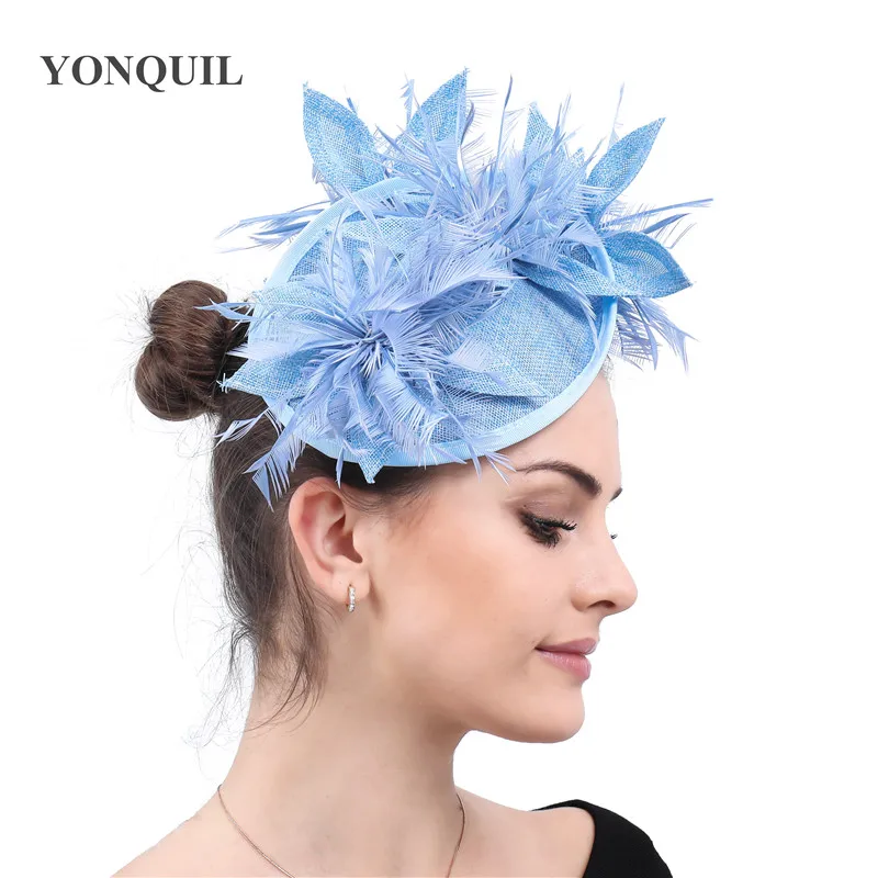 light blue Красный имитация Sinamay вуалетки элегантные дамы перо Цветочные шляпа заколки для волос в британском стиле Свадебная вечеринка Дерби аксессуары для волос - Цвет: light blue