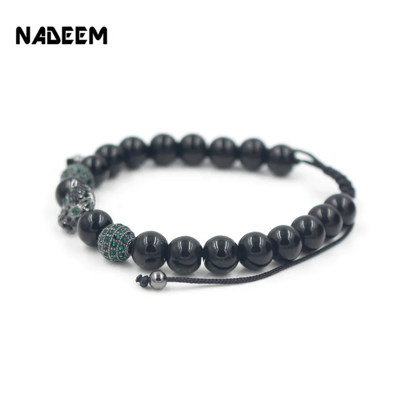 NADEEM Newest Arrival Fashion Men's Micro Pave CZ Leopard Head Charm Braided Macrame Bead Bracelet Adjustable Punk | Украшения и