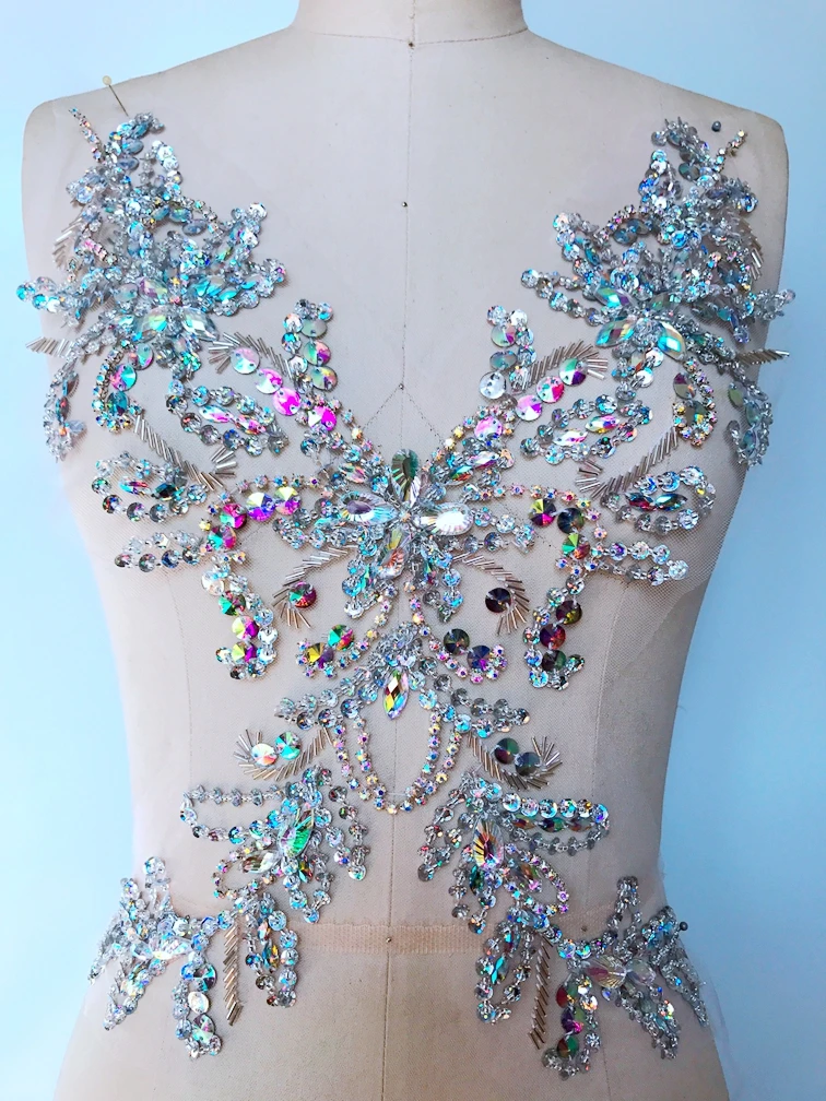 

A211 38*21cm handmade crystal patches trim sew on clear AB colour rhinestones applique for dress accessories