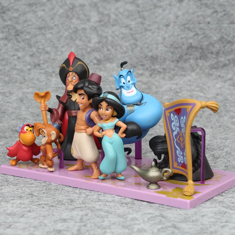 Disney 8 шт./компл. 2-10 см, с рисунком "Аладдин" ПВХ Фигурки стильная футболка с изображением персонажей видеоигр Кукла Принцесса Жасмин Genie Джафар игрушки модели Рождественский подарок для детей