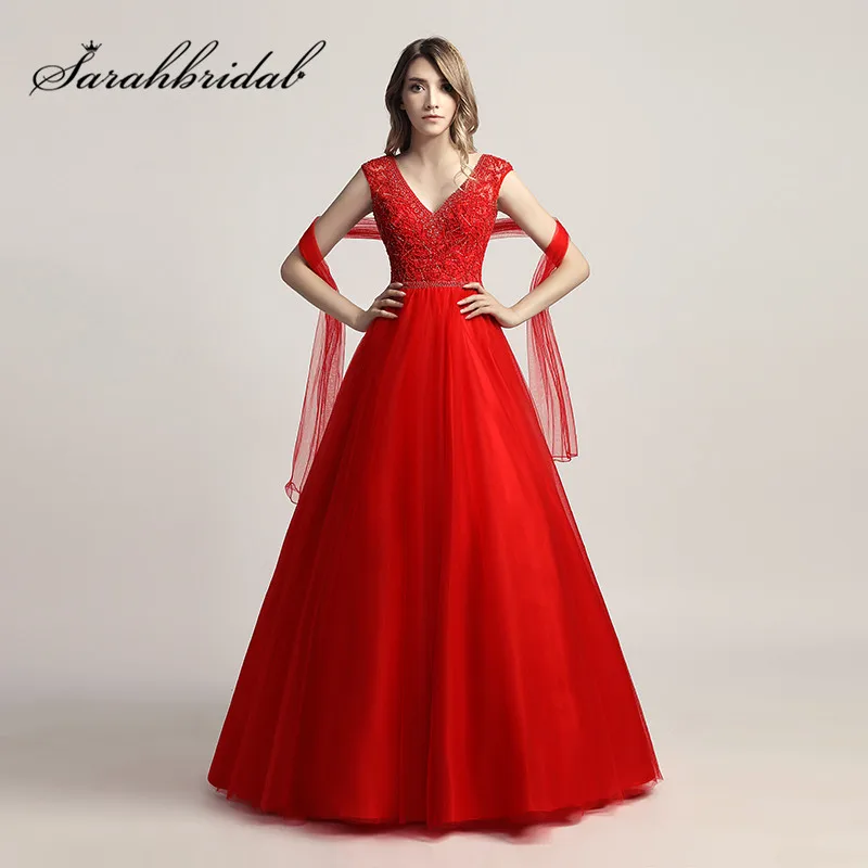 

Sexy Backless Prom Dresses Long V Neck Beading Dubai Tulle Cap Sleeves Coral Red Princess Quinceanera Evening Party Gowns LX426