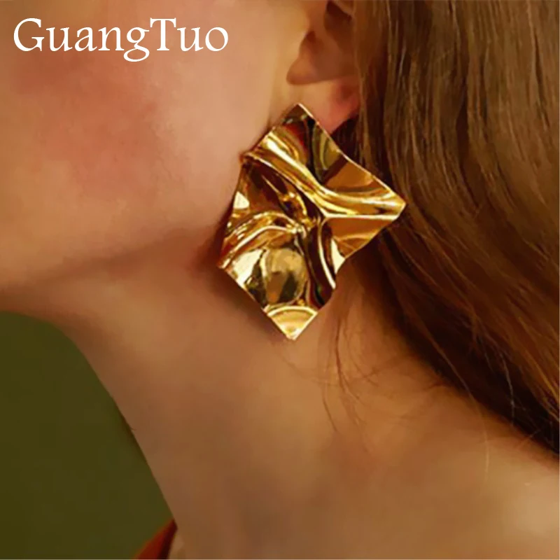 

EK2126 Exaggerated Brand Gold Color Irregular Square Shiny Metal Big Drop Earrings Women Rhombus Punk Earrings Party Jewelry
