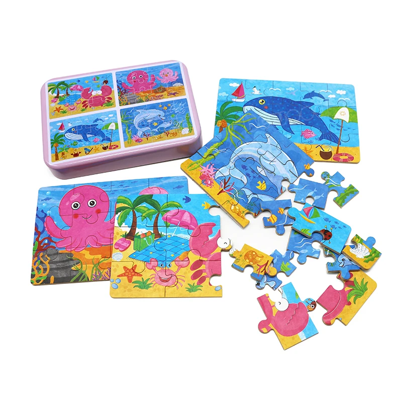 4 в 1 мультяшная 3D головоломка Metall Eisen Box Reibungslos Holz Puzzle Монтессори Lernspielzeug Kinder