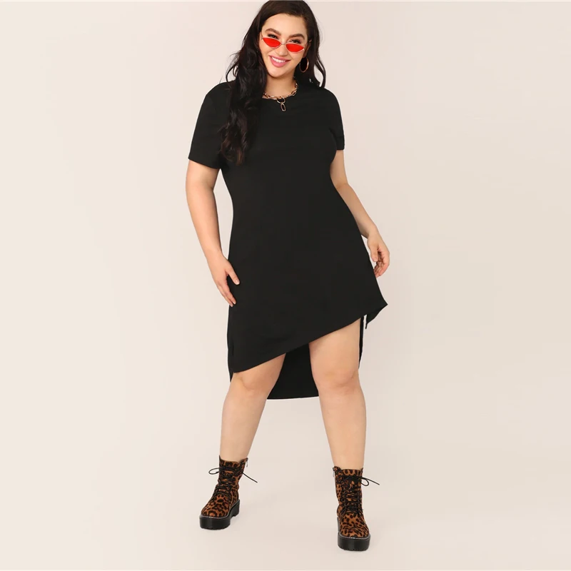 SHEIN, платье-туника размера плюс, черное, с разрезом, с высоким-низким подолом, однотонное,, женское, летнее, повседневное, с разрезом, прямое, плюс платья
