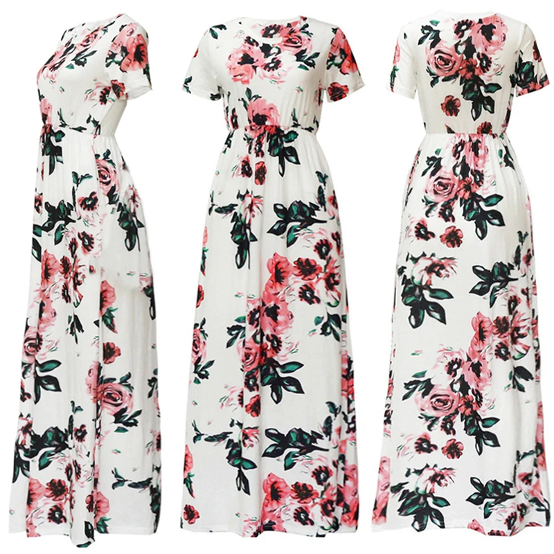 Женское длинное платье с коротким рукавом Элегантное летнее черное синее белое