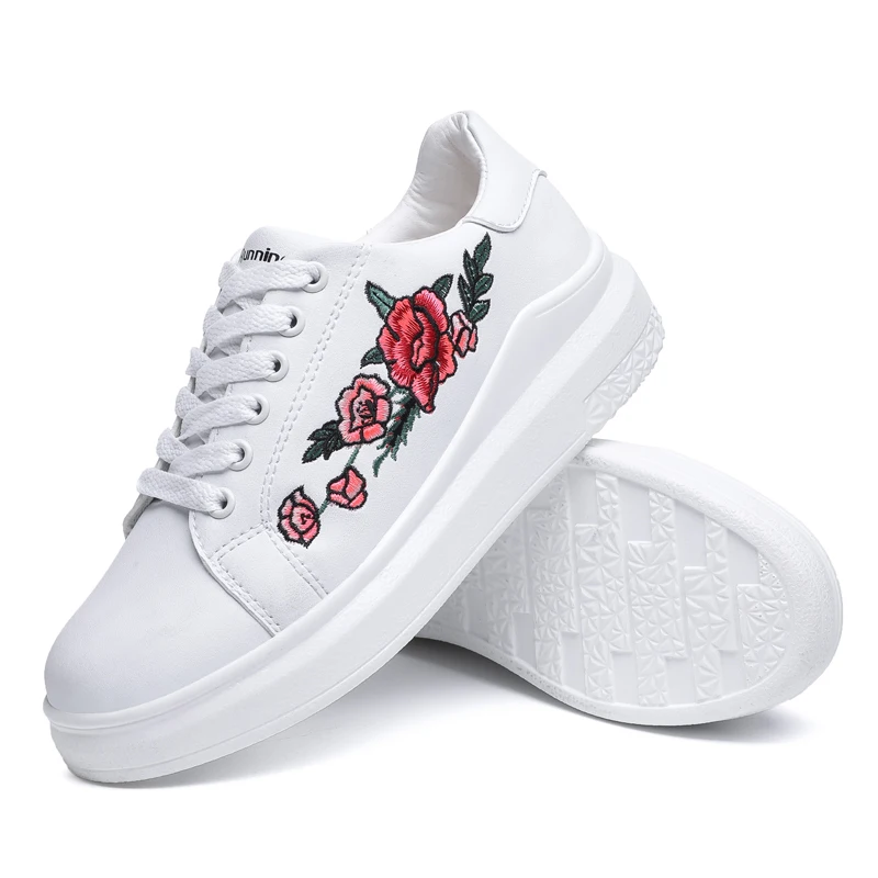 

Embroidery Floral Women Casual Shoes Lace Up Flat Leather Fashion Sneakers Women Low Top Platform White Shoes Woman XZ145