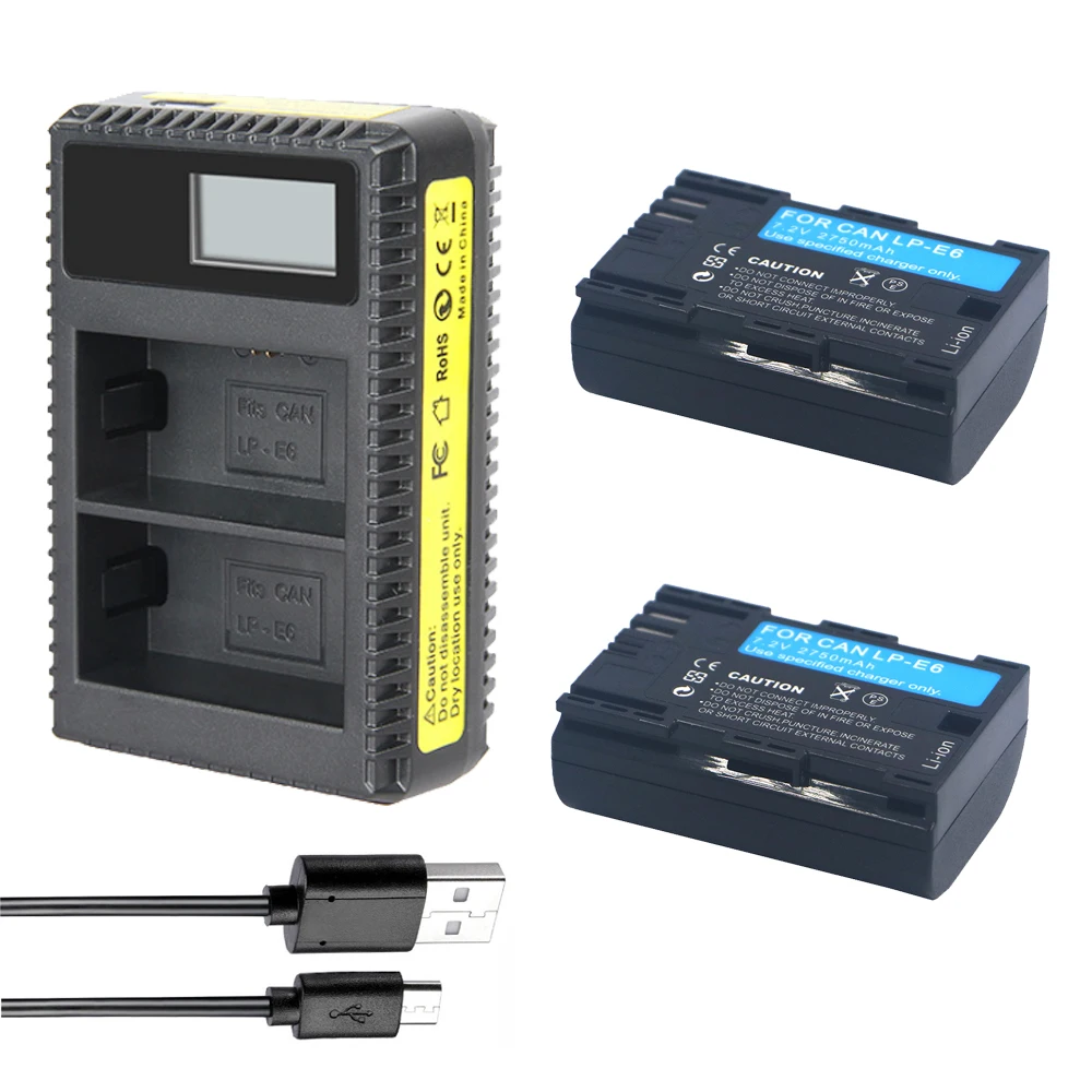 2 шт. LP E6 E6N аккумуляторная батарея + LED двойное USB зарядное устройство для Canon EOS 6D 7D