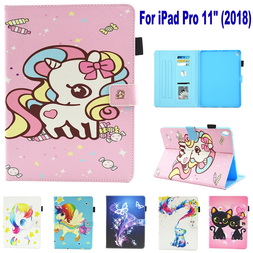 

Fashion Pattern Unicorn Cat Elephant Stand Pu Leather Fundas Case For For iPad Pro 11" 11 inch (2018) Tablet Cover Cases Coque