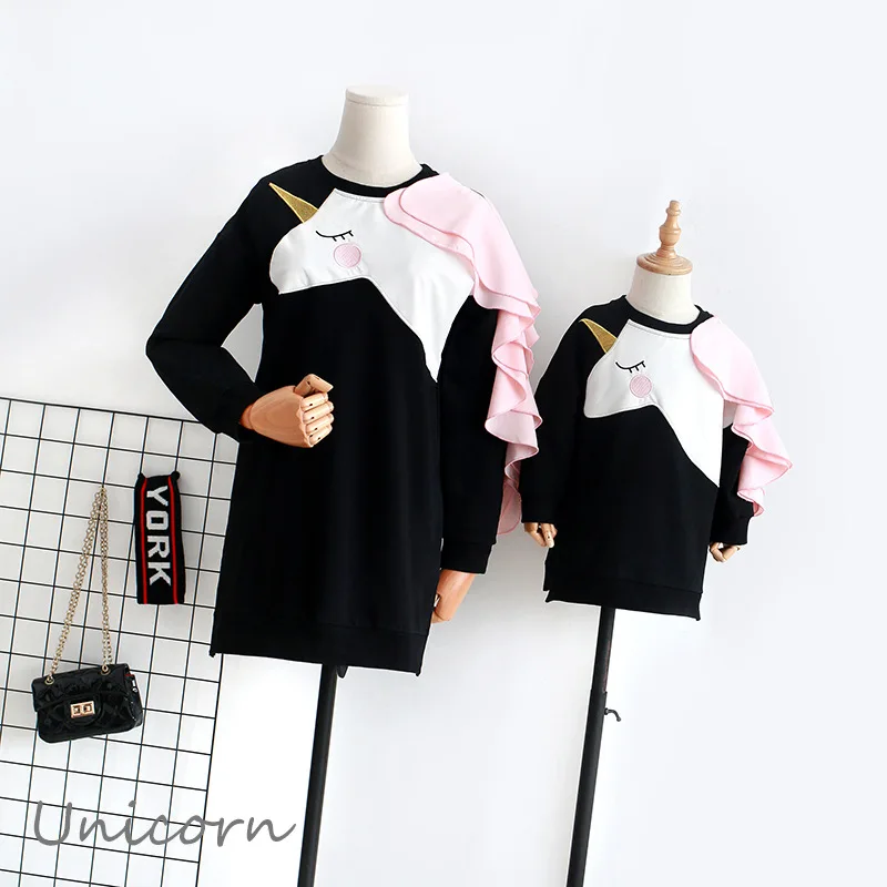 Платье с единорогом одежда длинным рукавом для мамы и дочки|Сочетающаяся семьи| |