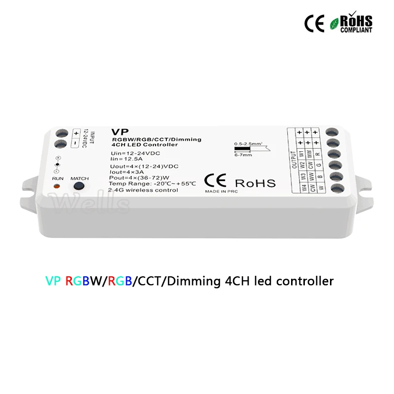 

VP 2.4G wireless RGBW/RGB/CCT/Dimming 4CH DC12-24V 12A 4 in 1 Smart led strip light controller R8-1 RGB/RGBW remote