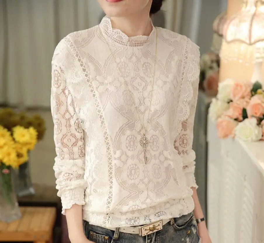 Весенние Кружевные блузы Рубашки Топы новые Мода 2017 г. шифоновое кружевное