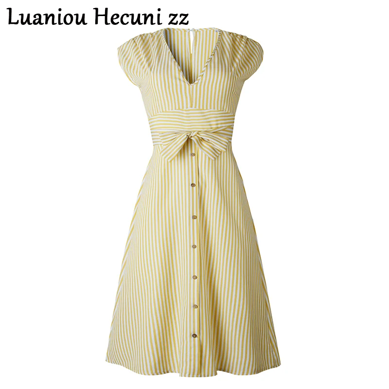 Chu Ni V neck striped dress women Summer bow sashes buttons cotton plus size female dresses Casual vintage long green vestidos | Женская