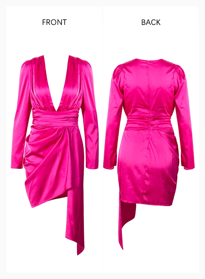 LOVE&LEMONADE Sexy Rose Red Deep V-neck Shoulder Strap Cross Ribbon Long Sleeve Mini Dress LM81808 Autumn/Winter