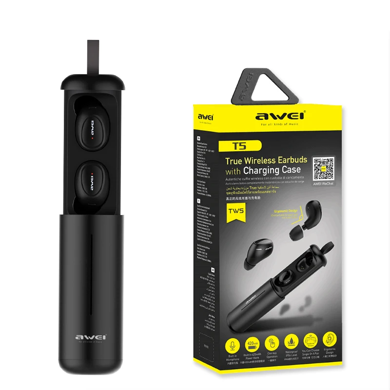 Black Наушники-вкладыши AWEI T5 наушники-вкладыши TWS с 5,0 Bluetooth наушники Беспроводной наушники 3D стерео гарнитура с микрофоном, наушники с зарядный чехол для iPhone samsung - Цвет: Black