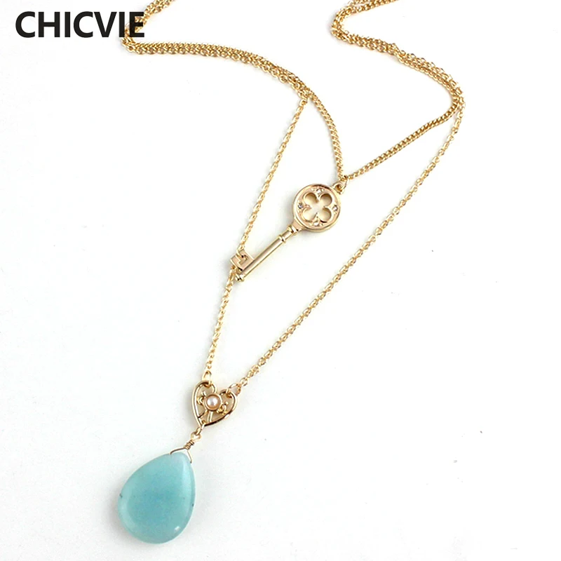 

CHICVIE Fashion Blue Natural Stone Beads Necklaces Gold Color Key Pendant Necklaces for women Trending Chain Jewelry SNE160069