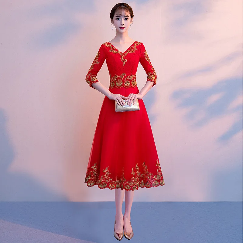 Красное вино традиционное китайское длинное вечернее платье модное Cheongsam сексуальное свадебное кружевное Qipao халат Восточный Стиль Платья повседневные - Цвет: Big red medium