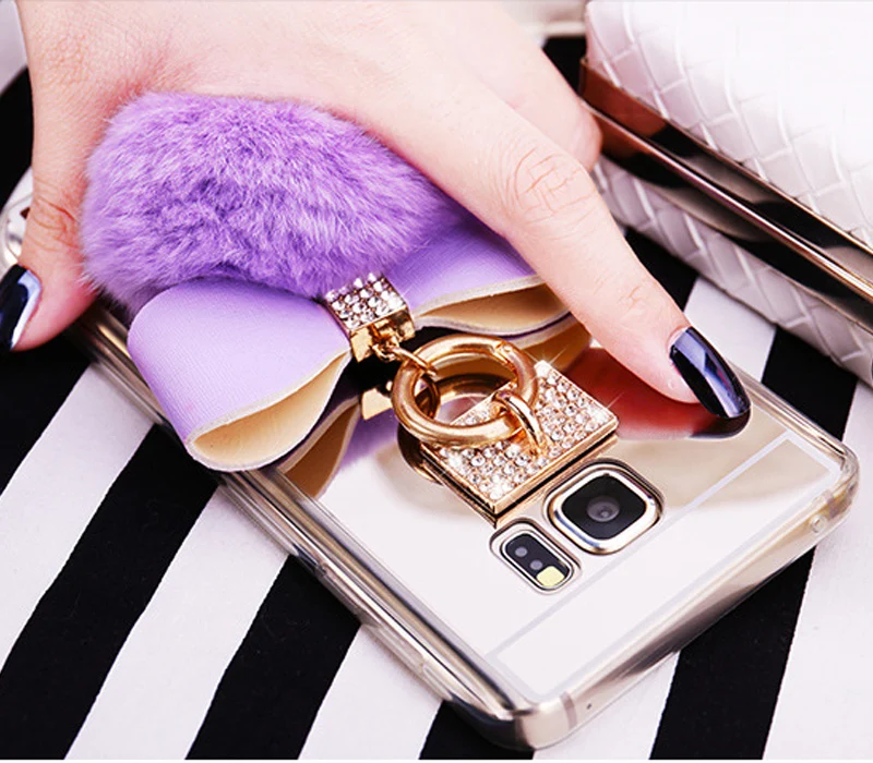 Glitter Phone Cases for Samsung galaxy A3 A5 A7 J3 J5 J7 2017 Prime S7 Edge S9 S8 Plus Note 9 8 Rabbit Fur Mirror Case Covers |