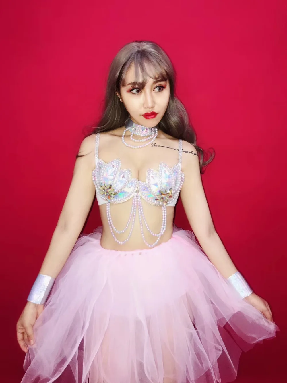 Комплект бикини Pink Стразы жемчужное костюм для бара ночного клуба Женская