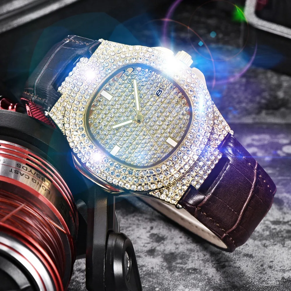 Мужские наручные часы сверкающие полностью Стразы кварцевые Iced Out золотые