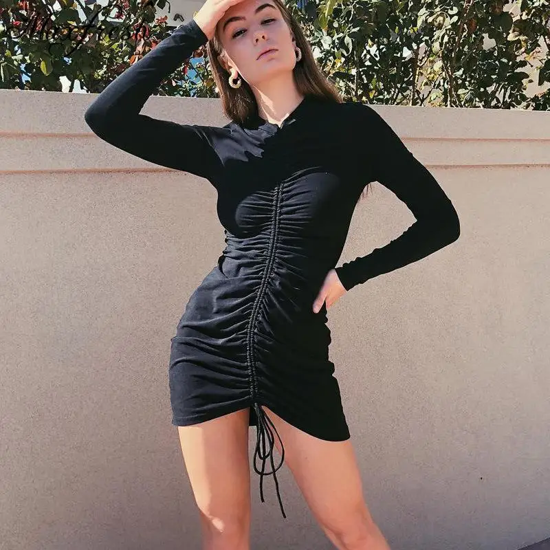 Maxfresh женщин на осень зиму черное платье Длинные рукава худощавое bodycon Платье
