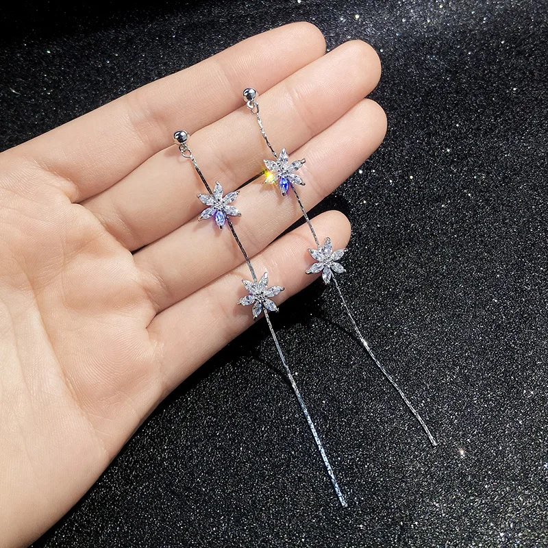 Модные серьги для девочек с кристаллами и кисточками двойные цветы на цепочке