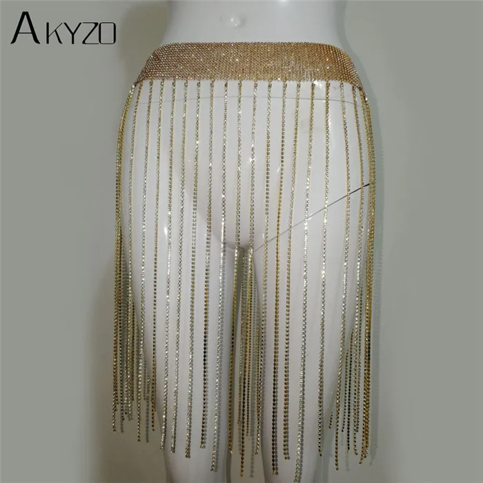 AKYZO, сексуальная, сумасшедшая, стразы, юбка с кисточками, женская,, роскошная, блестящая, дизайнерская, открытая, с металлической цепью, для ночного клуба, для пляжа, праздника, юбка - Цвет: Золотой