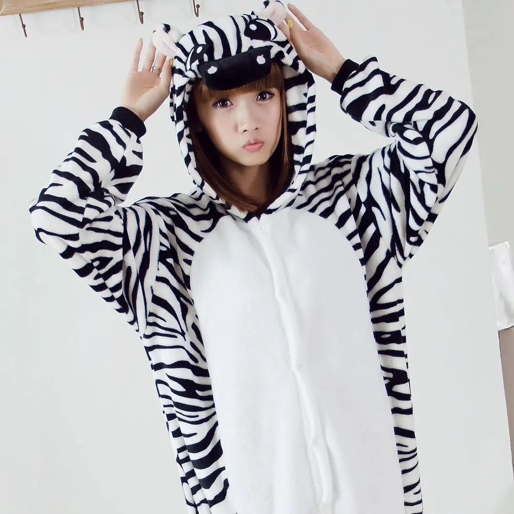 Adults Zebra Animal Kigurumi Pajamas Sets Sleepwear Cosplay Zipper Onesie Hooded Women Men Winter Unisex Cartoon Pajamas