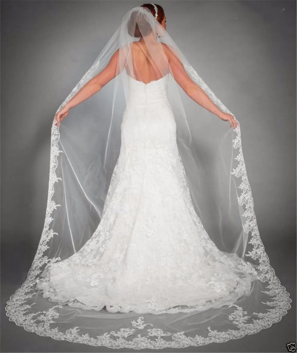 1 слой Белая/ivoryBridal Соборная вуаль кружевная кромка свадебная вуаль|Свадебные
