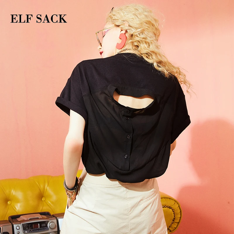 ELFSACK, новинка, летняя женская футболка, повседневная, одноцветная, свободная, футболка, женские топы, Harajuku Ins, стильные, модные, стильные, женские футболки, топы