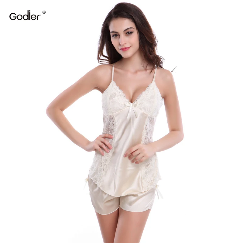 Новинка пижамные комплекты Godier для женщин модная кружевная атласная пижама