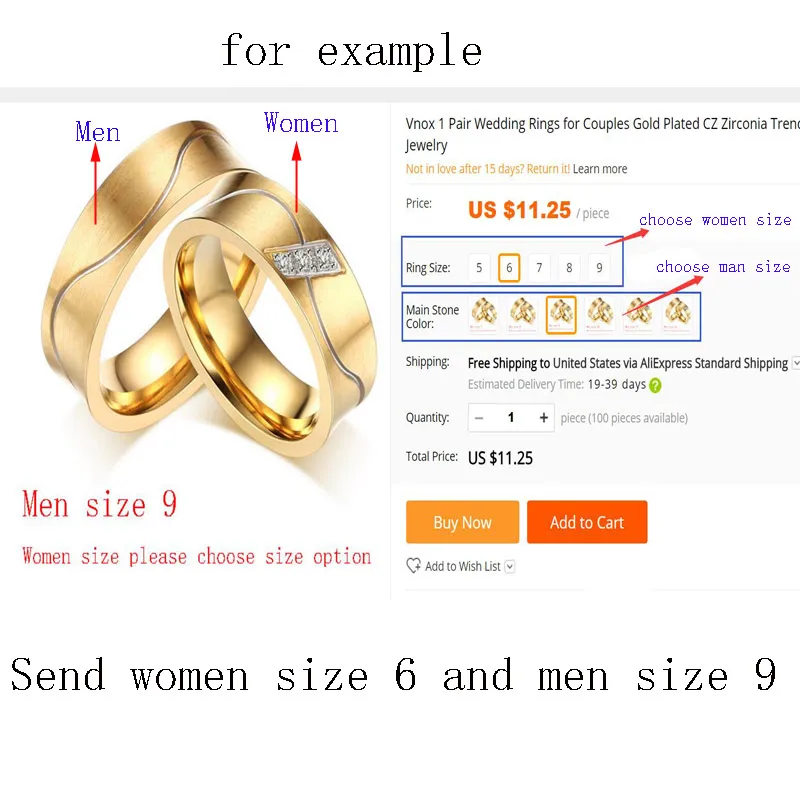 Vnox 2 шт./лот пары обручальное кольцо для Для женщин и мужчин золото-цвет