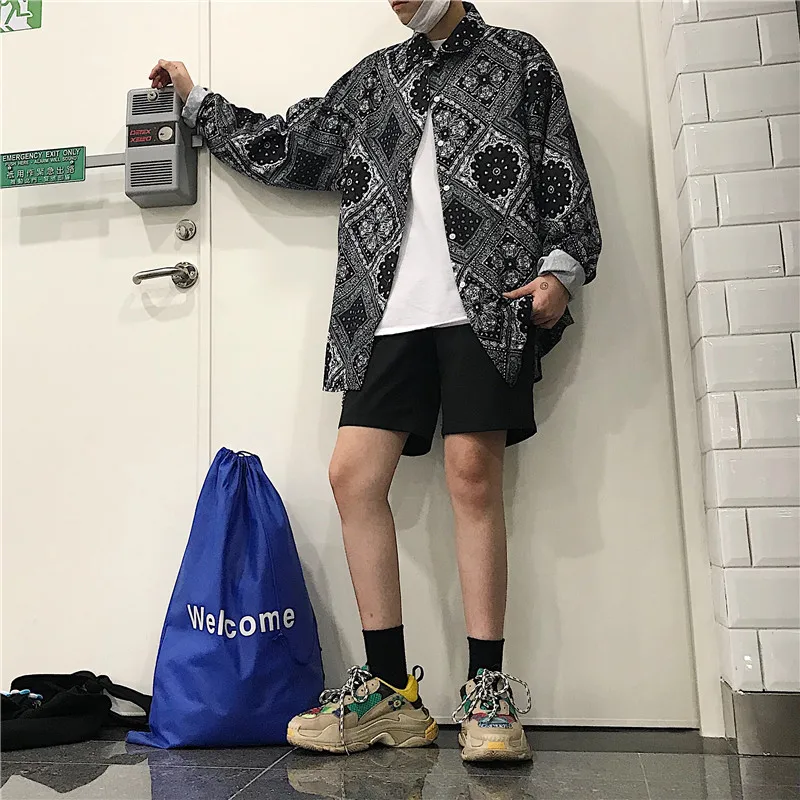Корейский мужской/женский Harajuku уличная хип-хоп свободная бандана оверсайз с принтом пейсли, футболка, топ, рубашка, блуза с длинным рукавом