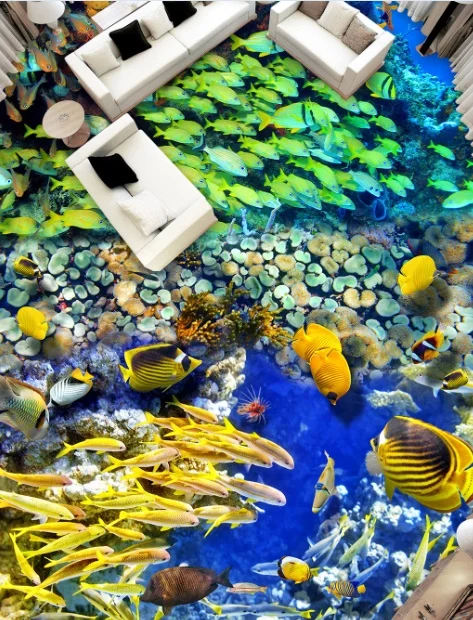 

[Самоклеющиеся] 3D Цветные рыбки Группа 2 Нескользящие водонепроницаемые фото самоклеющиеся напольные настенные стикеры обои фрески печать ...