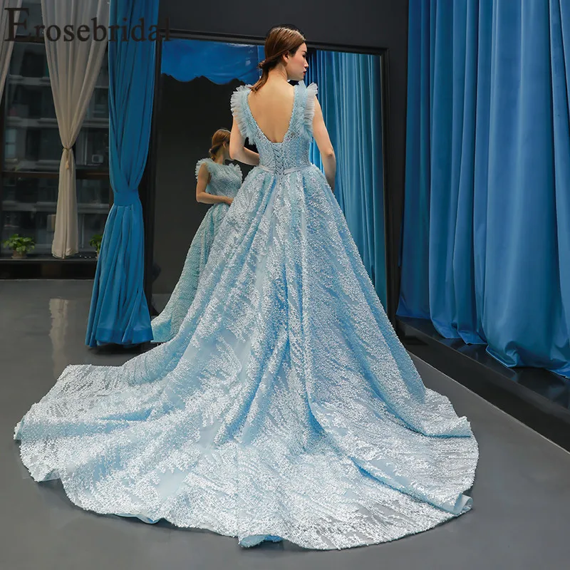 Женское длинное свадебное платье Erosebridal синее кружевное на шнуровке с цветами