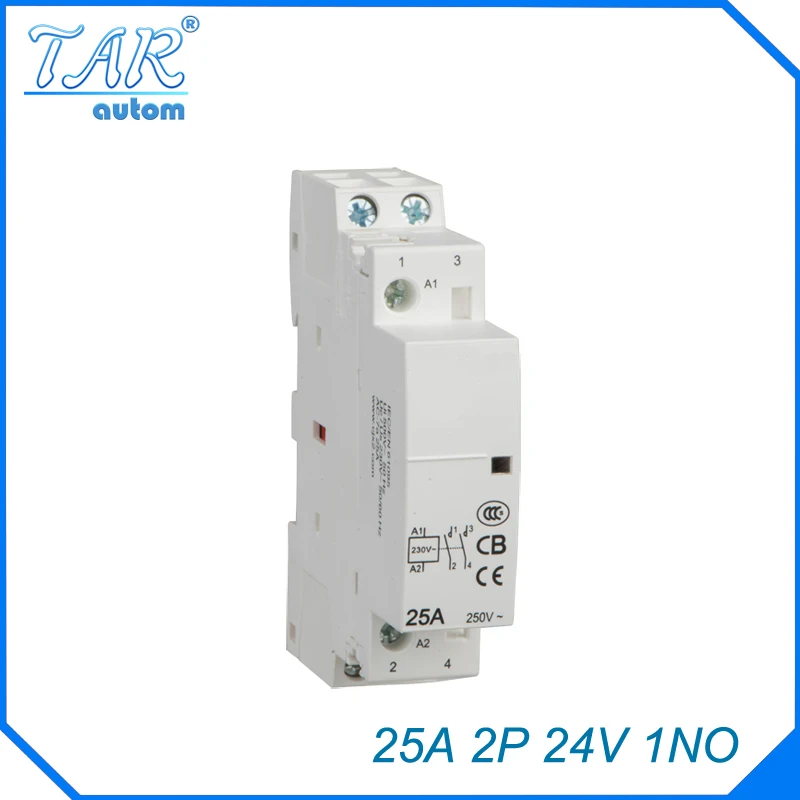 

24V Coil 25A 1NO 2 Pole 2P Household AC Contactor Modular 35mm DIN Rail Mount 25Amp