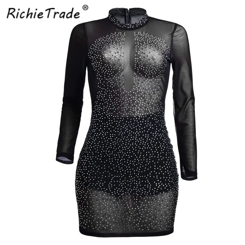 Richietrade сплошной черный Женское платье пикантные с длинным рукавом Весна