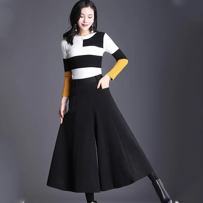 

2019 Autumn Winter New Women Woolen Wide Leg Pants High Waist Plus Size warm Leisure loose Nine pants cc471