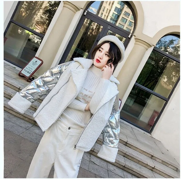 ZURICHOUSE Winter Down Jacket Women's Glossy Cotton Padded Coats Female Loose Short Pink Silver Patchwork Suede Parkas