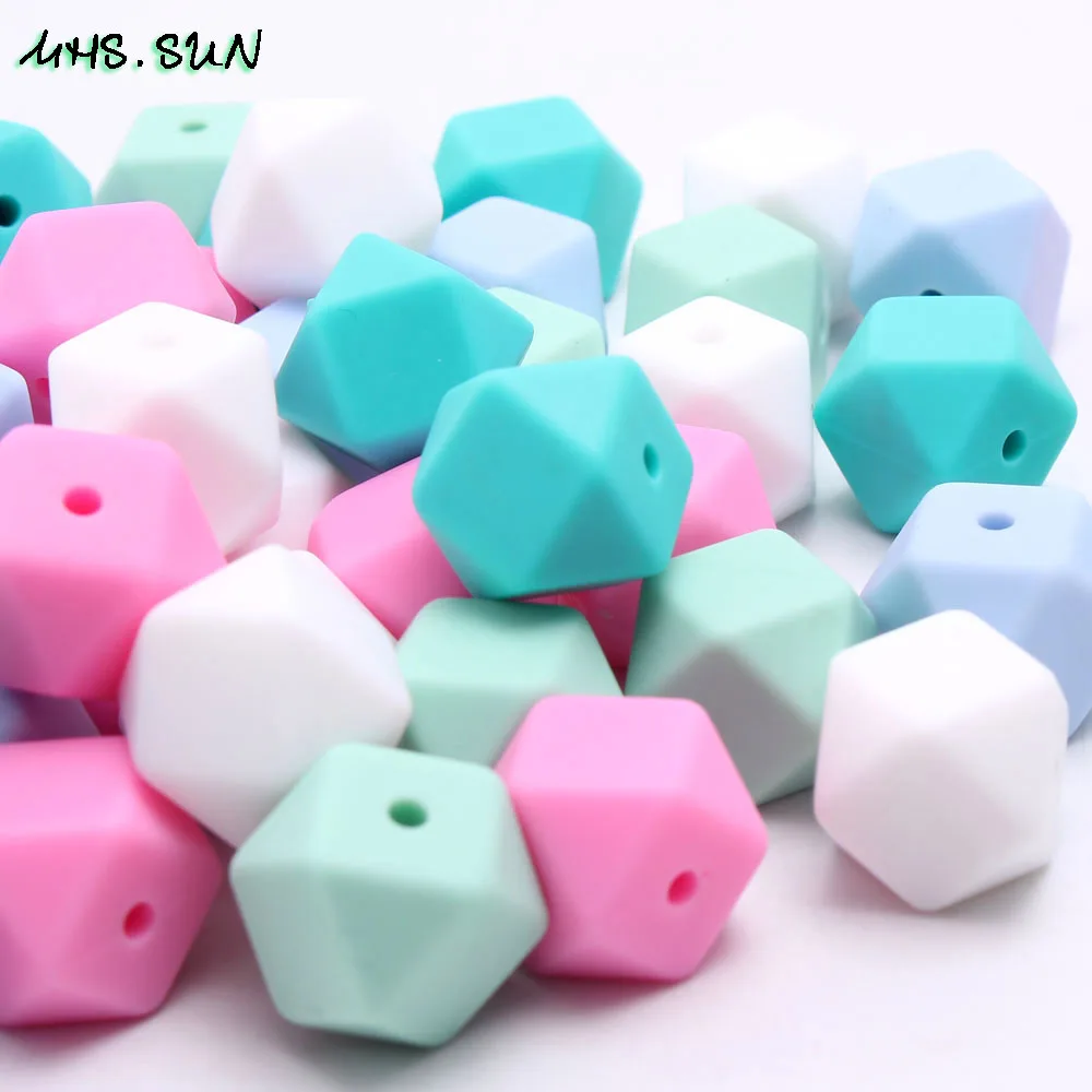 MHS. SUN силиконовые бусины 17 мм Детские Прорезыватели для зубов DIY игрушка Синий/Зеленый шестиугольник свободные бусины сделать Жевательная для прорезывания зубов ожерелье ювелирные изделия