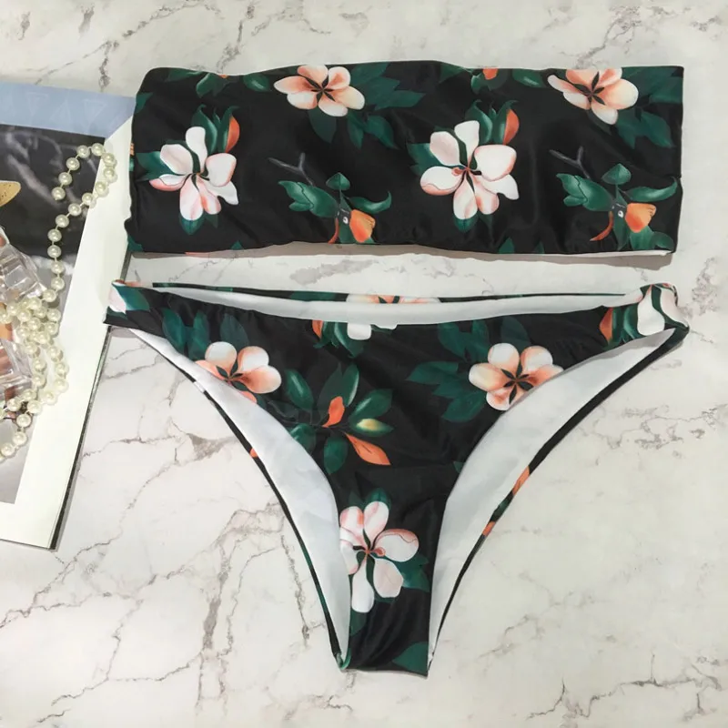 Sexy Bandeau Bikini 2018 Women Floral Printed Swimwear Tube Top Bathing Suit Low Waist Swimsuit Strapless Set Beach Wear |