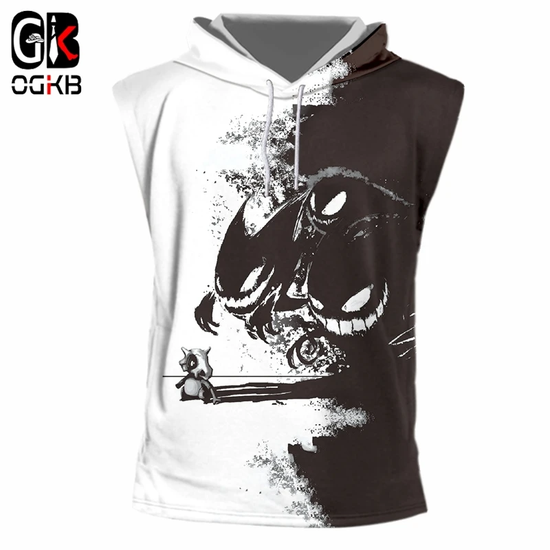 

OGKB Men's Hot New Loose Black and white 3D Printed Funny Anime Short Sleeve Hooded Tank Top Big Size 5XL