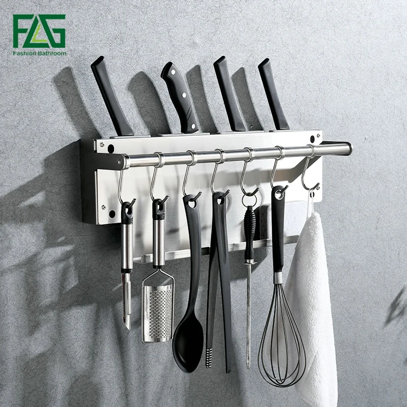

FLG Brushed Nickel Kitchen Shelf Wall Mounted Kitchen Racks Towel Holder Stainless Steel Hook Kitchen Shelves CF103-01N-SS