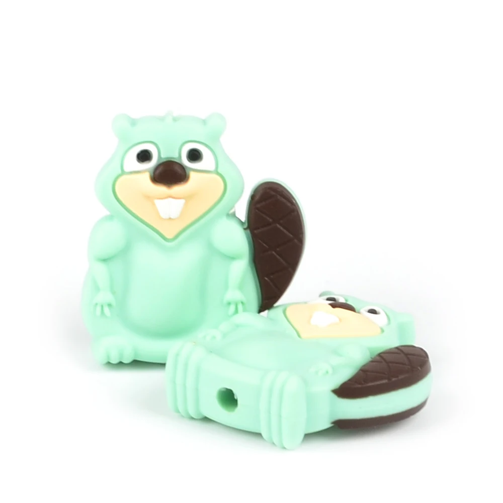 mint beaver Детские Прорезыватели для зубов в виде животных, силиконовые бусины, без бисфенола, свободные бусины для зубов, ожерелье, бисквит, держатель для соски, аксессуары, сделай сам - Цвет: mint beaver