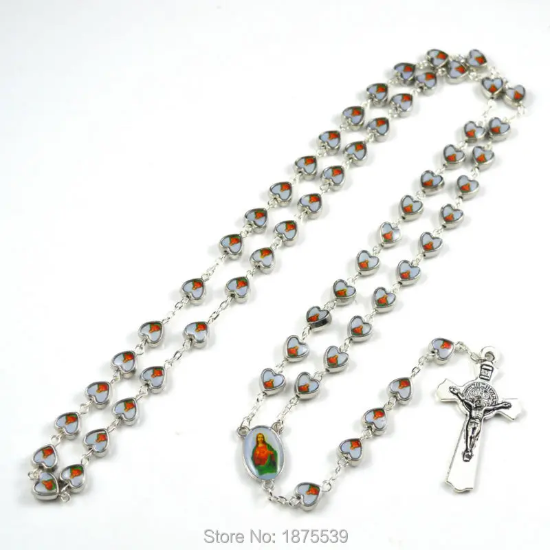 Jesus heart alloy bead rosary necklace with same picture centerpiece and benedict cross |