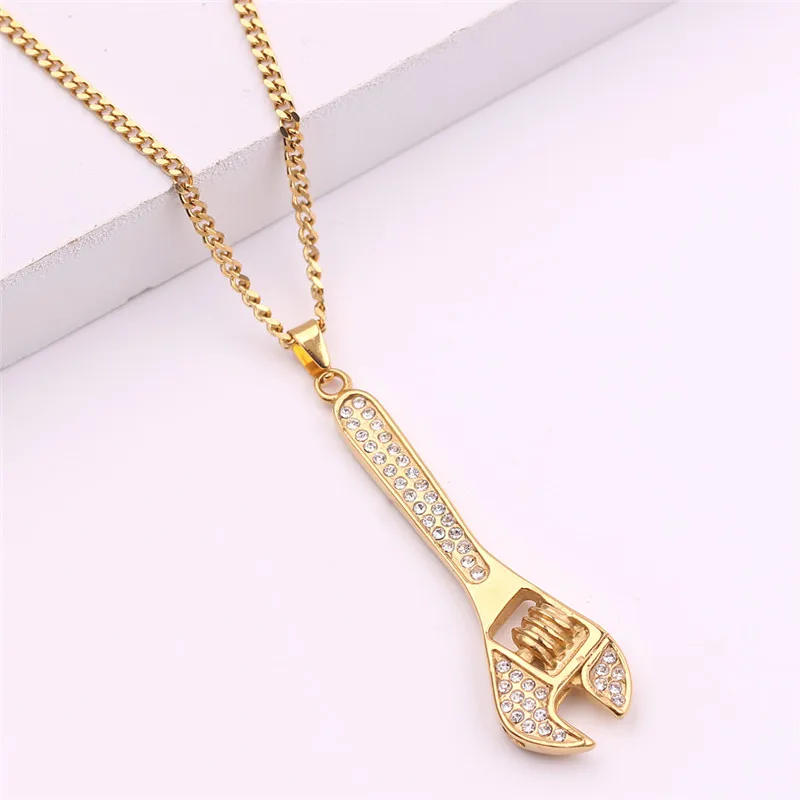 Мужской крутой металлический гаечный ключ подвеска золотой цвет Хрустальный