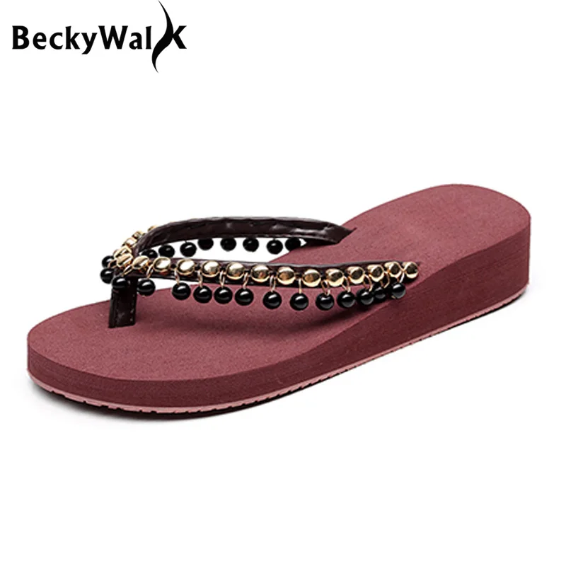 Шлепанцы BeckyWalk WSH2657 женские ручной работы пляжная обувь на платформе с бисером