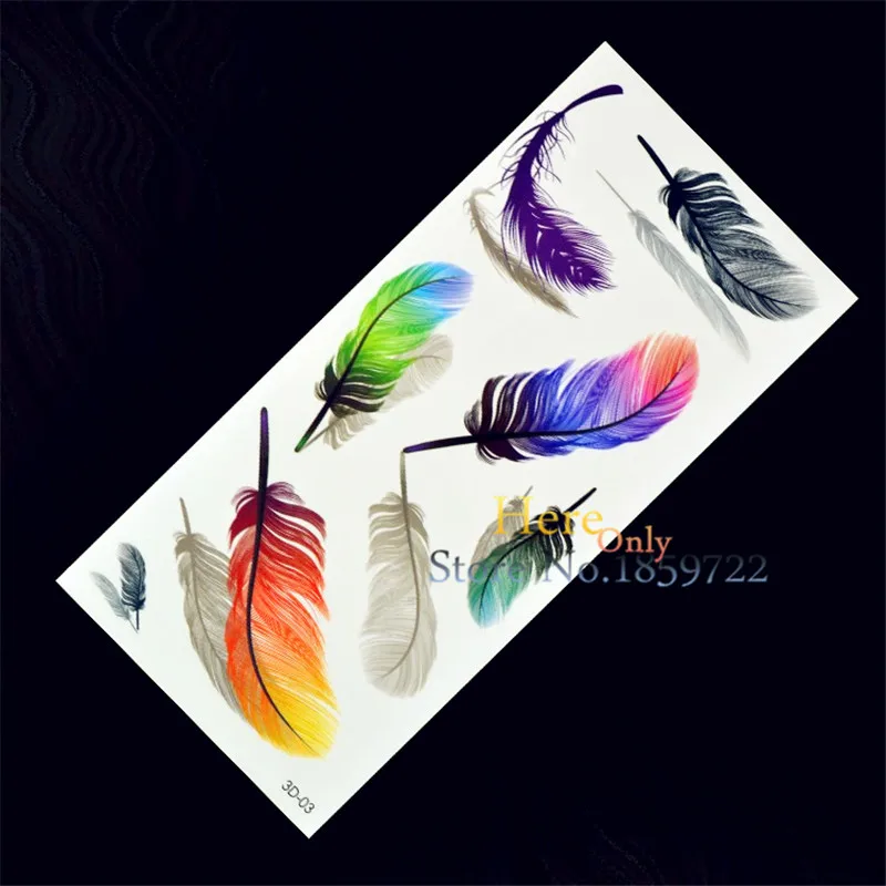 

New 1PC Fashion Women Men Waterproof Temporary Tattoo Simulation Removable Vivid Body Art 3D-03 Colorful Feather Blue Orange