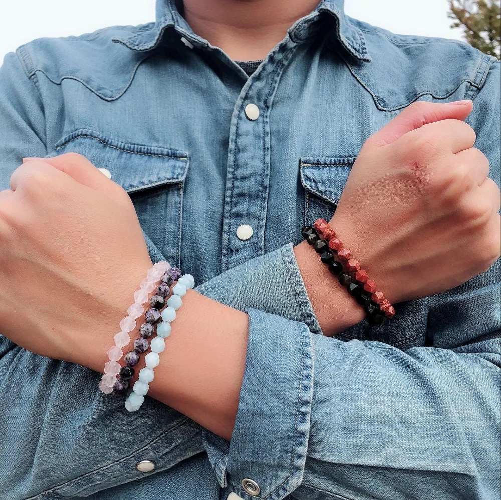 Wholesale Natural Stone Mix Colors 8mm Pink Crystal Labradorite Obsidian Section Onyx Energy Elastic Bracelet Women Men | Украшения и