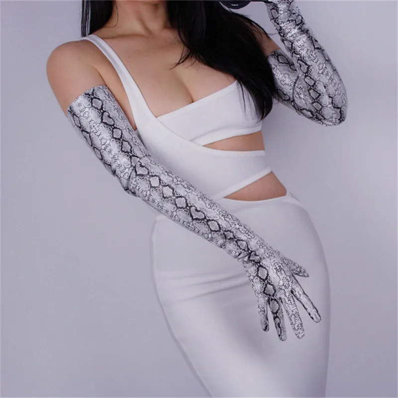 

Snakeskin Extra Long Gloves 70cm Patent Leather Long Emulation Leather PU Bright Leather Animal Pattern Silver Serpent WPU21